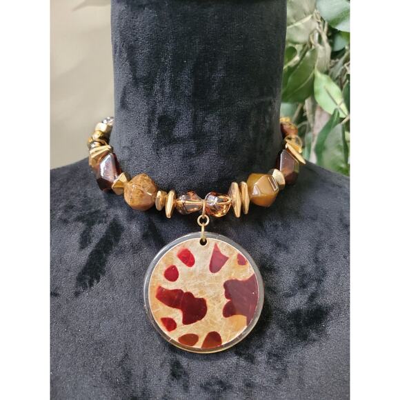 Faux Tortoise Choker, Gold and Red Statement Necklace, Animal Print Necklace - Picture 1 of 6